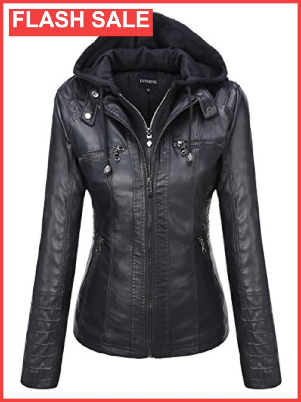 Faux Leather Hooded Moto Biker Jacket Women 2-in-1 Zip-Off Hood